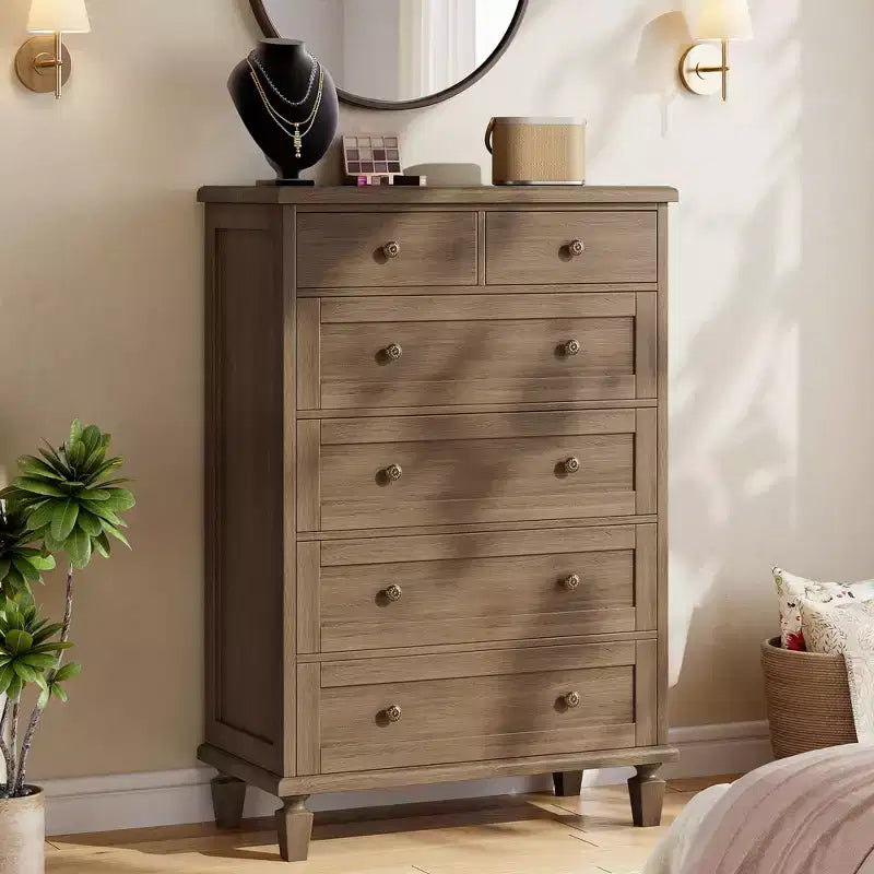 Commode Vintage à 6 Tiroirs avec Pieds Coniques, Grande Commode en Bois pour Chambre, Salon, Entrée, Finition Bois Vieilli