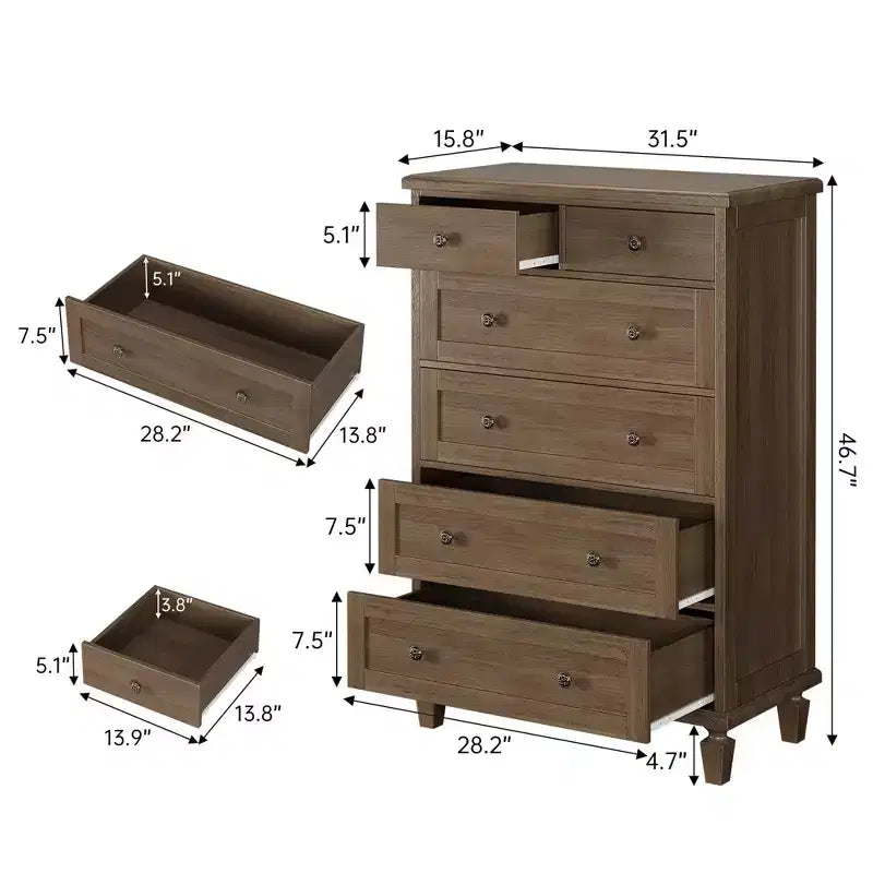 Commode Vintage à 6 Tiroirs avec Pieds Coniques, Grande Commode en Bois pour Chambre, Salon, Entrée, Finition Bois Vieilli