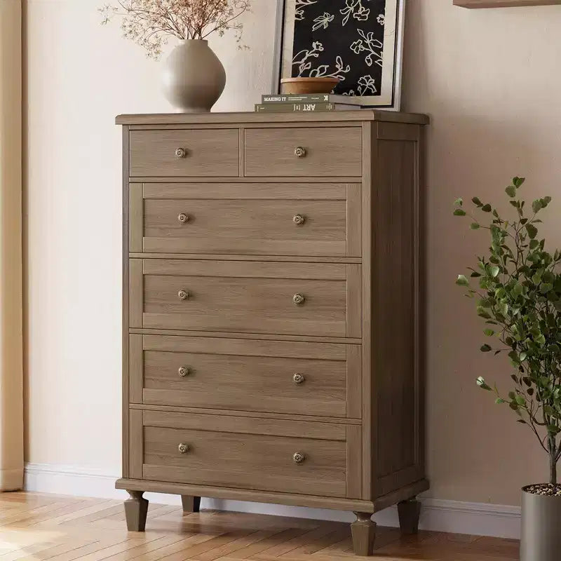 Commode Vintage à 6 Tiroirs avec Pieds Coniques, Grande Commode en Bois pour Chambre, Salon, Entrée, Finition Bois Vieilli