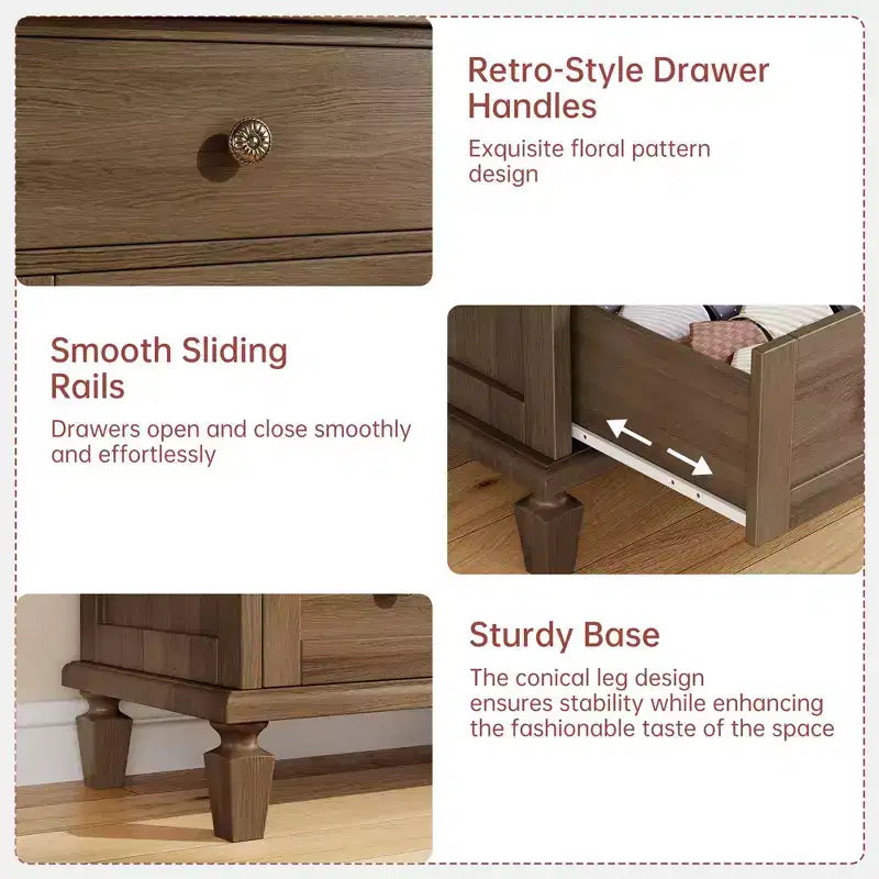 Commode Vintage à 6 Tiroirs avec Pieds Coniques, Grande Commode en Bois pour Chambre, Salon, Entrée, Finition Bois Vieilli