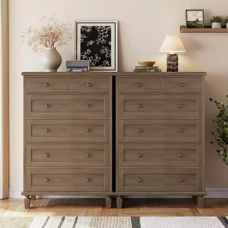 Commode Vintage à 6 Tiroirs avec Pieds Coniques, Grande Commode en Bois pour Chambre, Salon, Entrée, Finition Bois Vieilli