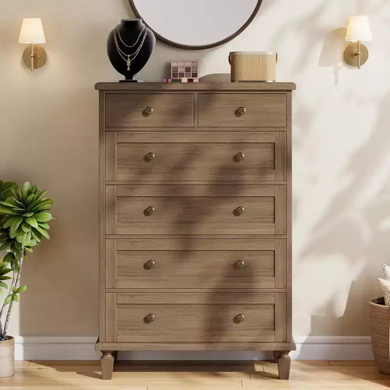 Commode Vintage à 6 Tiroirs avec Pieds Coniques, Grande Commode en Bois pour Chambre, Salon, Entrée, Finition Bois Vieilli