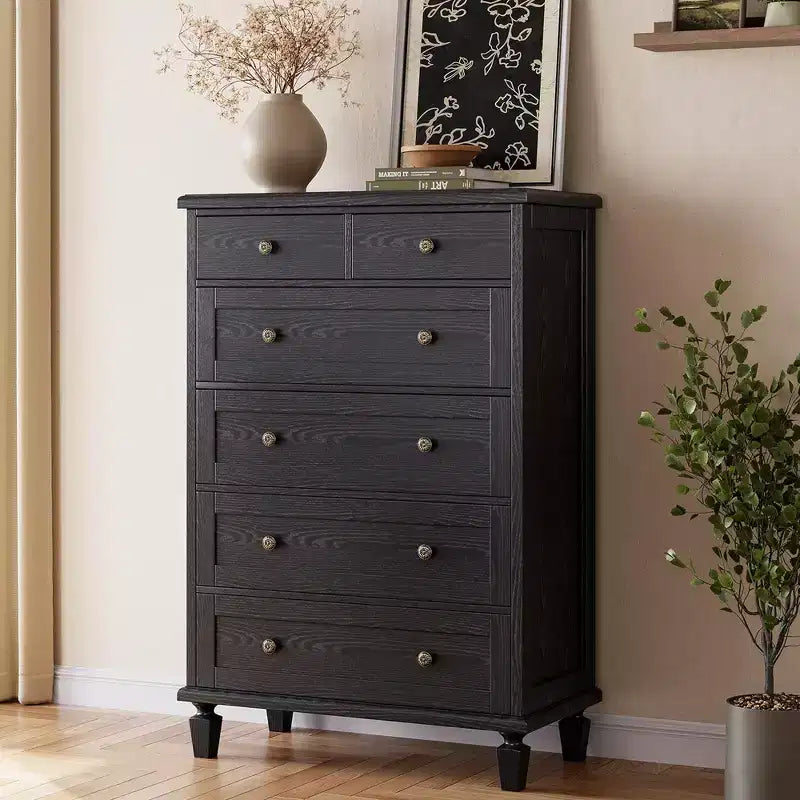 Commode Vintage à 6 Tiroirs avec Pieds Coniques, Grande Commode en Bois pour Chambre, Salon, Entrée, Finition Bois Vieilli