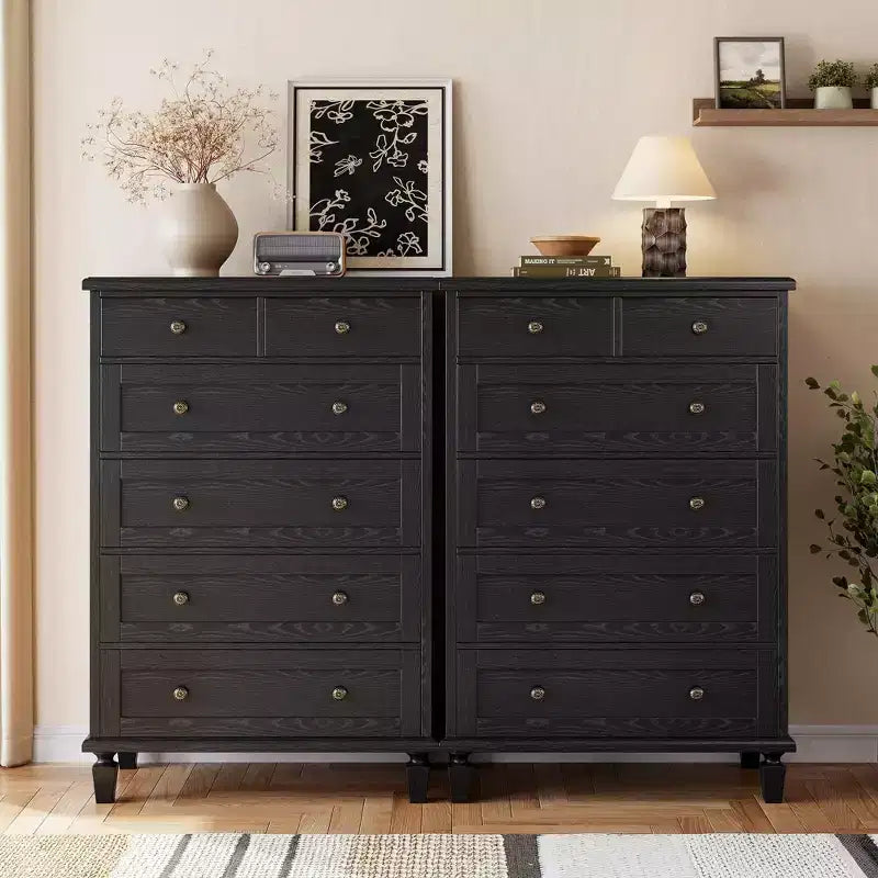 Commode Vintage à 6 Tiroirs avec Pieds Coniques, Grande Commode en Bois pour Chambre, Salon, Entrée, Finition Bois Vieilli