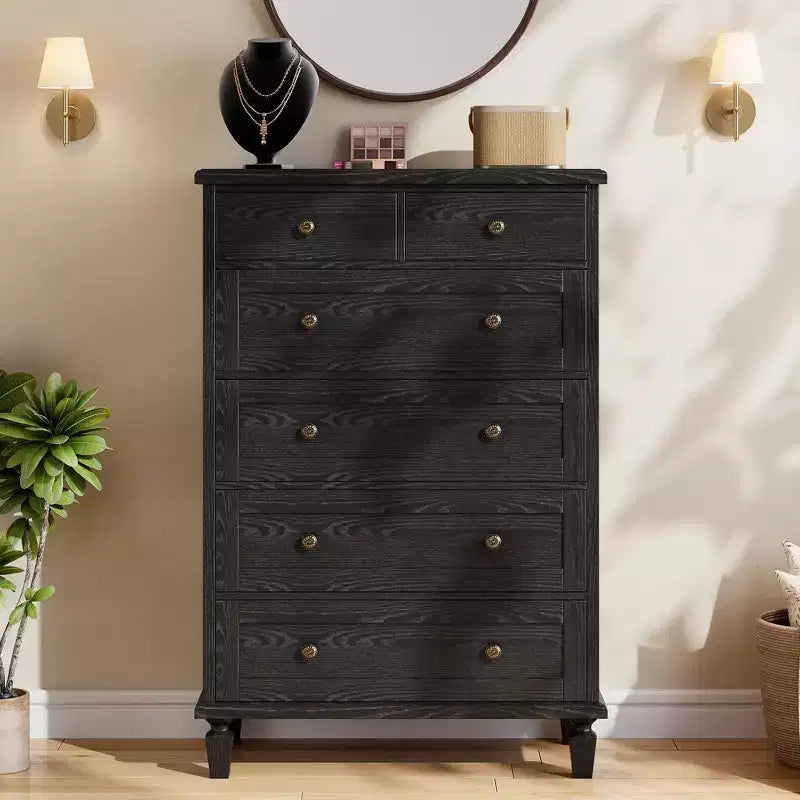 Commode Vintage à 6 Tiroirs avec Pieds Coniques, Grande Commode en Bois pour Chambre, Salon, Entrée, Finition Bois Vieilli