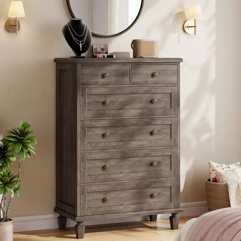 Commode Vintage à 6 Tiroirs avec Pieds Coniques, Grande Commode en Bois pour Chambre, Salon, Entrée, Finition Bois Vieilli