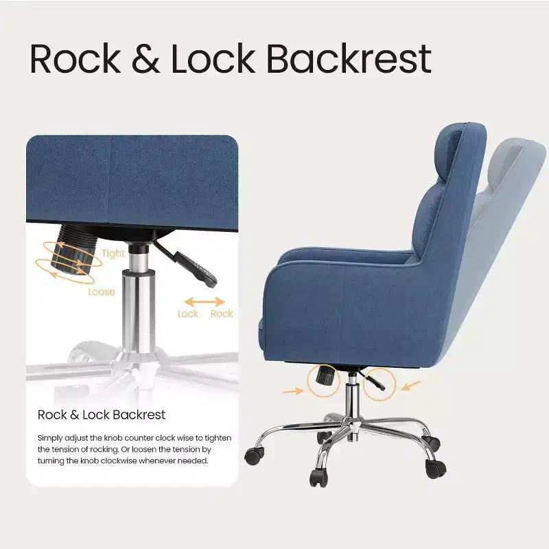 Chaise de bureau réglable avec pivotement à 360°, revêtement en chenille de qualité supérieure, coussin en mousse à ressorts et roulettes silencieuses.