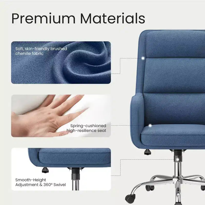 Chaise de bureau réglable avec pivotement à 360°, revêtement en chenille de qualité supérieure, coussin en mousse à ressorts et roulettes silencieuses.