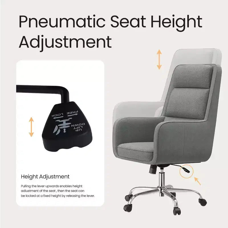 Chaise de bureau réglable avec pivotement à 360°, revêtement en chenille de qualité supérieure, coussin en mousse à ressorts et roulettes silencieuses.