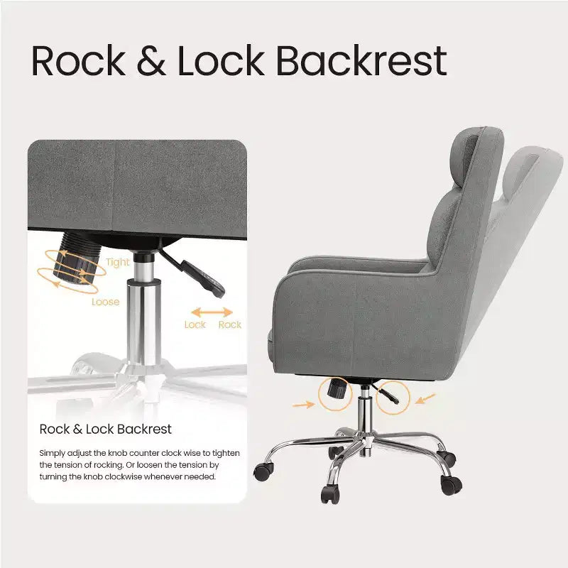 Chaise de bureau réglable avec pivotement à 360°, revêtement en chenille de qualité supérieure, coussin en mousse à ressorts et roulettes silencieuses.