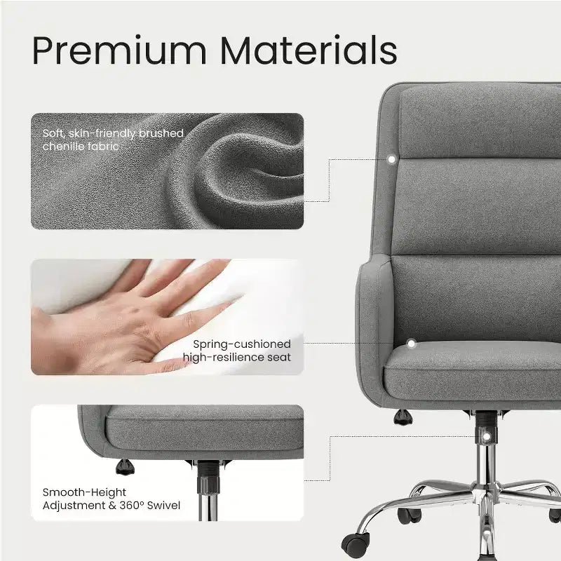 Chaise de bureau réglable avec pivotement à 360°, revêtement en chenille de qualité supérieure, coussin en mousse à ressorts et roulettes silencieuses.