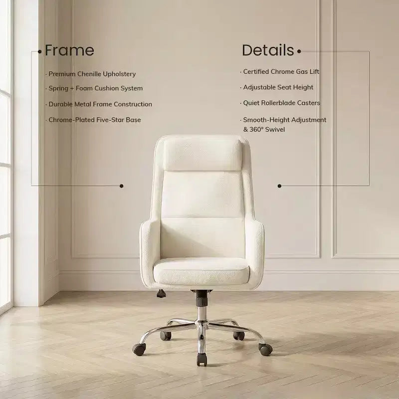 Chaise de bureau réglable avec pivotement à 360°, revêtement en chenille de qualité supérieure, coussin en mousse à ressorts et roulettes silencieuses.