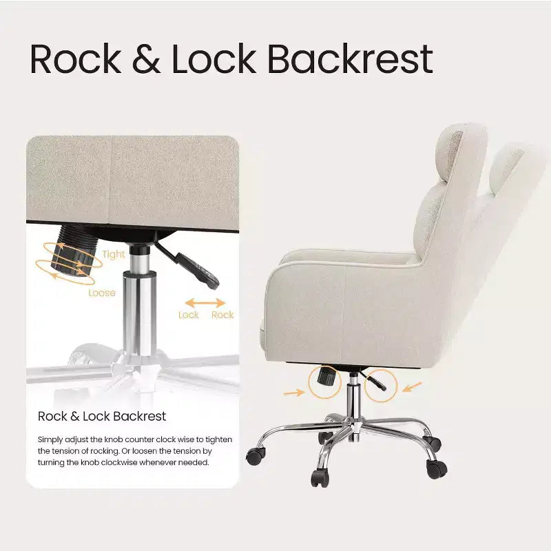 Chaise de bureau réglable avec pivotement à 360°, revêtement en chenille de qualité supérieure, coussin en mousse à ressorts et roulettes silencieuses.