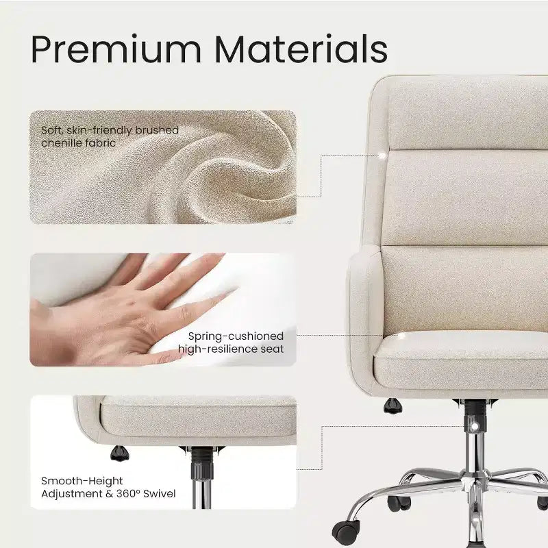 Chaise de bureau réglable avec pivotement à 360°, revêtement en chenille de qualité supérieure, coussin en mousse à ressorts et roulettes silencieuses.