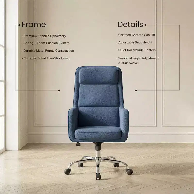 Chaise de bureau réglable avec pivotement à 360°, revêtement en chenille de qualité supérieure, coussin en mousse à ressorts et roulettes silencieuses.