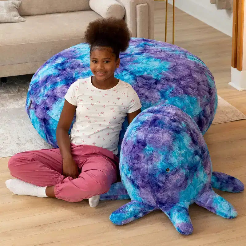 Raven-Symon Huggy la pieuvre, grande peluche en forme de pouf et de sac de fèves pour enfants