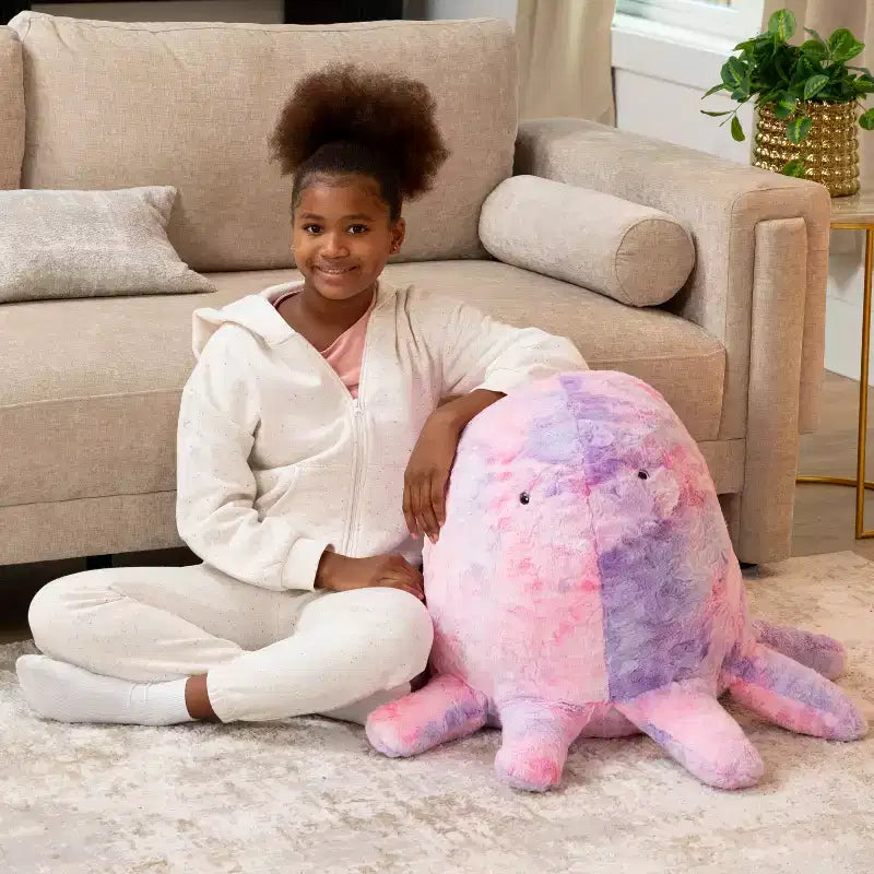 Raven-Symon Huggy la pieuvre, grande peluche en forme de pouf et de sac de fèves pour enfants