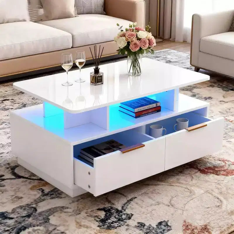 Table basse laquée, table basse rectangulaire, couleur ajustable, 4 tiroirs et étagères ouvertes, table de canapé de 35 pouces, convient au salon.