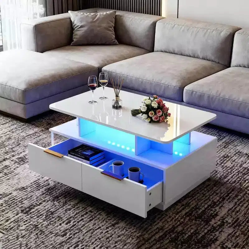 Table basse laquée, table basse rectangulaire, couleur ajustable, 4 tiroirs et étagères ouvertes, table de canapé de 35 pouces, convient au salon.