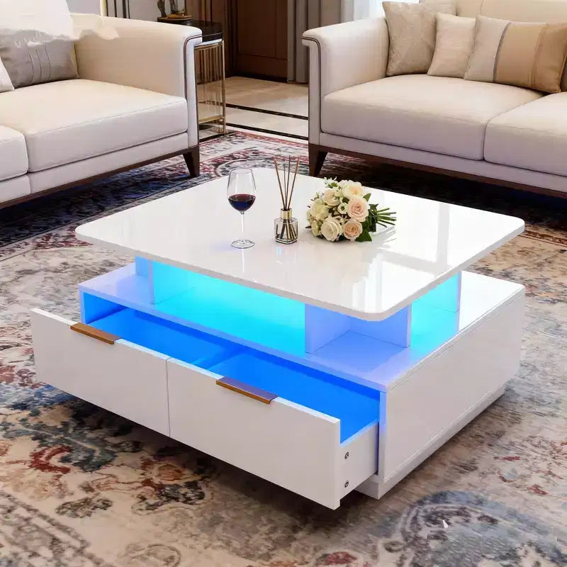 Table basse laquée, table basse rectangulaire, couleur ajustable, 4 tiroirs et étagères ouvertes, table de canapé de 35 pouces, convient au salon.