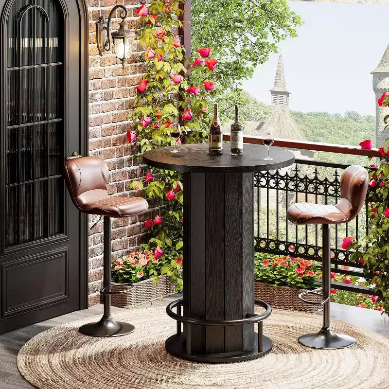 Lantine Table de bar ronde de 39,4 pouces de hauteur, table de bistrot en bois avec repose-pieds en métal pour salle à manger, café, salon, petit espace, noir, table uniquement