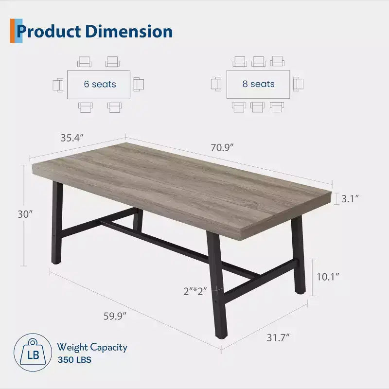 Table de salle à manger industrielle GustoWave pour 6 à 8 personnes, grande table de cuisine en bois de 180 cm avec cadre métallique robuste