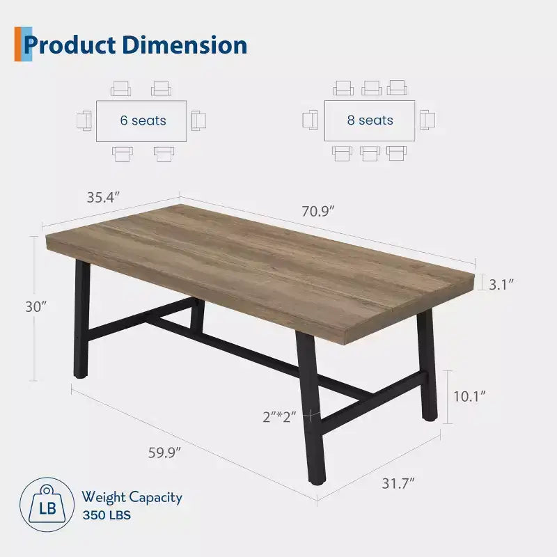 Table de salle à manger industrielle GustoWave pour 6 à 8 personnes, grande table de cuisine en bois de 180 cm avec cadre métallique robuste