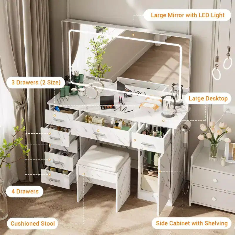 Coiffeuse de Maquillage avec Miroir et Lumières, Table de Maquillage de 47" de large avec 7 Tiroirs et Prise Électrique, Ensemble Coiffeuse avec Tabouret pour Chambre à Coucher, Blanc Marbre