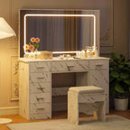 Coiffeuse de Maquillage avec Miroir et Lumières, Table de Maquillage de 47" de large avec 7 Tiroirs et Prise Électrique, Ensemble Coiffeuse avec Tabouret pour Chambre à Coucher, Blanc Marbre