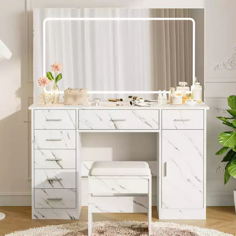 Coiffeuse de Maquillage avec Miroir et Lumières, Table de Maquillage de 47" de large avec 7 Tiroirs et Prise Électrique, Ensemble Coiffeuse avec Tabouret pour Chambre à Coucher, Blanc Marbre