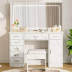 Coiffeuse de Maquillage avec Miroir et Lumières, Table de Maquillage de 47" de large avec 7 Tiroirs et Prise Électrique, Ensemble Coiffeuse avec Tabouret pour Chambre à Coucher, Blanc Marbre