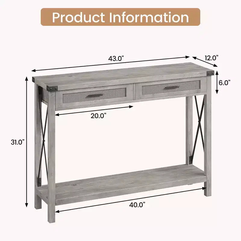 Table d'entrée de ferme avec 2 tiroirs, console en rotin pour entrée, table de canapé en bois pour salon, foyer, couloir