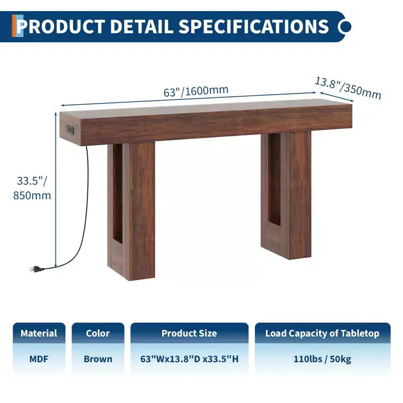 Console avec prise électrique, Table de canapé extra longue derrière le canapé, Table d'entrée étroite pour couloir, entrée, salon