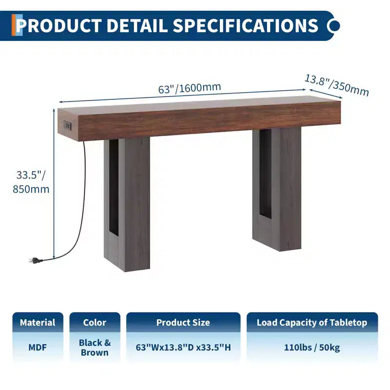 Console avec prise électrique, Table de canapé extra longue derrière le canapé, Table d'entrée étroite pour couloir, entrée, salon