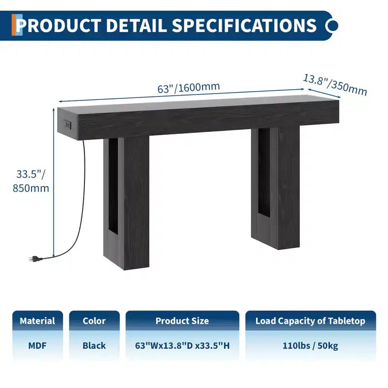 Console avec prise électrique, Table de canapé extra longue derrière le canapé, Table d'entrée étroite pour couloir, entrée, salon