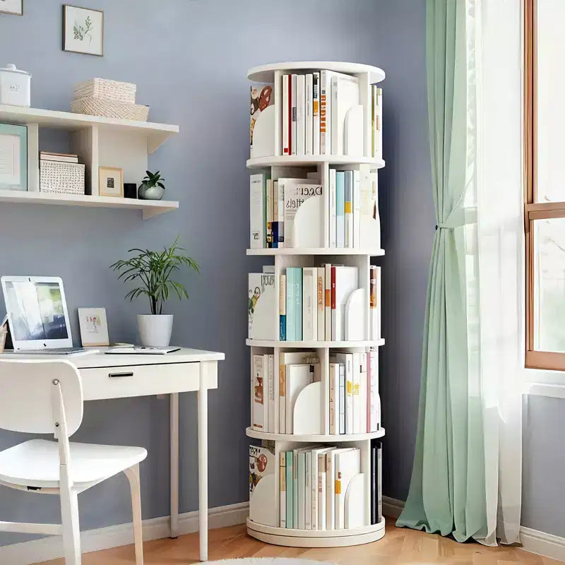 Étagère à Livres Rotative à 360 Degrés à 5 Niveaux, 18,1118,1161,81 Pouces, Tour de Livres Ronde Pivotante Blanc Chaud, Structure Robuste en MDF, Rangement Gain de Place pour Livres/Décoration