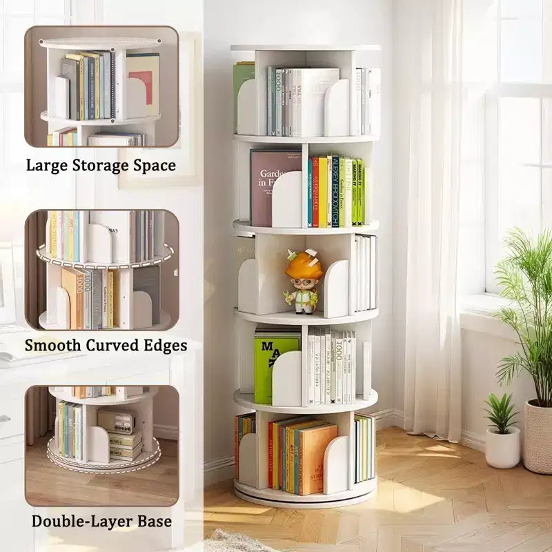 Étagère à Livres Rotative à 360 Degrés à 5 Niveaux, 18,1118,1161,81 Pouces, Tour de Livres Ronde Pivotante Blanc Chaud, Structure Robuste en MDF, Rangement Gain de Place pour Livres/Décoration