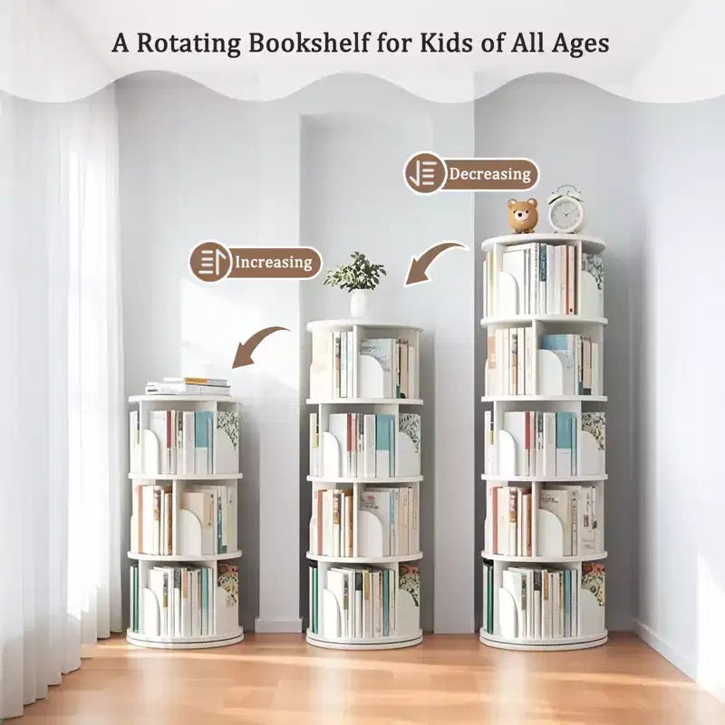 Étagère à Livres Rotative à 360 Degrés à 5 Niveaux, 18,1118,1161,81 Pouces, Tour de Livres Ronde Pivotante Blanc Chaud, Structure Robuste en MDF, Rangement Gain de Place pour Livres/Décoration