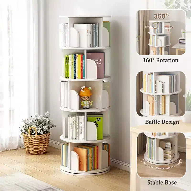 Étagère à Livres Rotative à 360 Degrés à 5 Niveaux, 18,1118,1161,81 Pouces, Tour de Livres Ronde Pivotante Blanc Chaud, Structure Robuste en MDF, Rangement Gain de Place pour Livres/Décoration