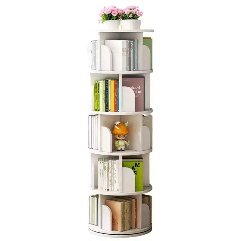Étagère à Livres Rotative à 360 Degrés à 5 Niveaux, 18,1118,1161,81 Pouces, Tour de Livres Ronde Pivotante Blanc Chaud, Structure Robuste en MDF, Rangement Gain de Place pour Livres/Décoration
