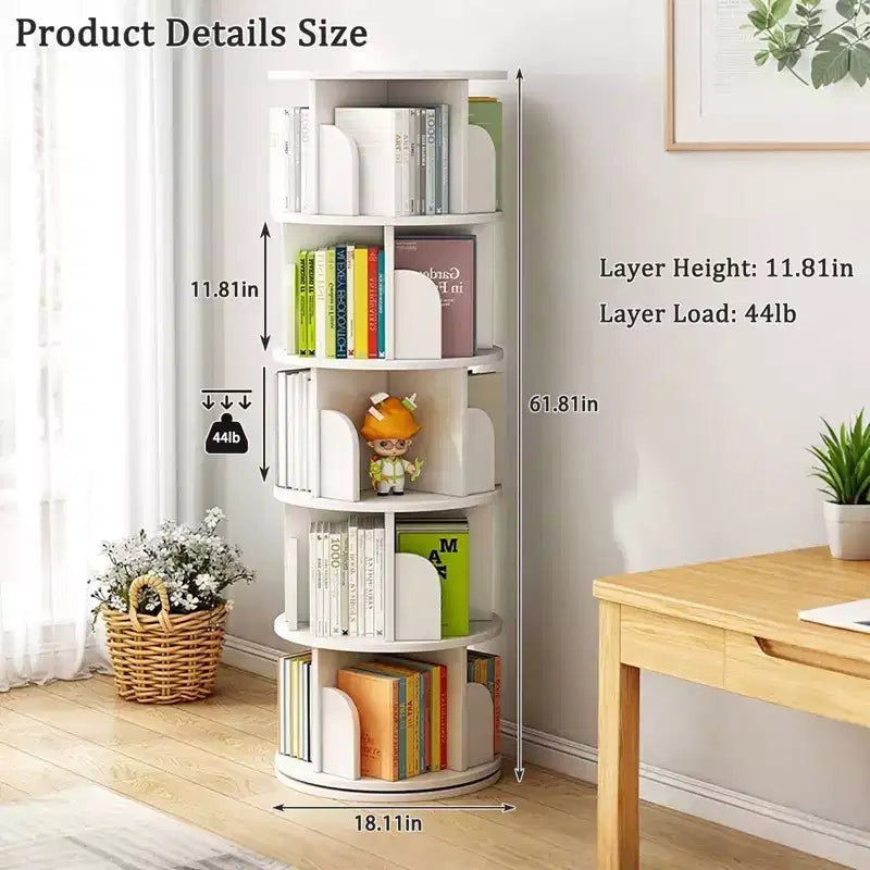 Étagère à Livres Rotative à 360 Degrés à 5 Niveaux, 18,1118,1161,81 Pouces, Tour de Livres Ronde Pivotante Blanc Chaud, Structure Robuste en MDF, Rangement Gain de Place pour Livres/Décoration