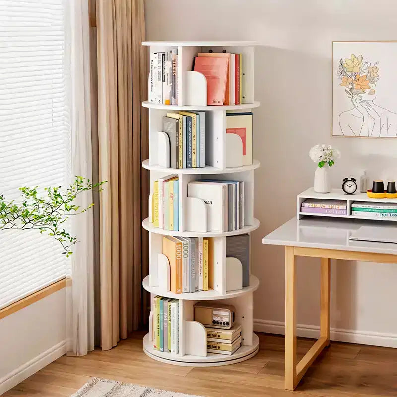 Étagère à Livres Rotative à 360 Degrés à 5 Niveaux, 18,1118,1161,81 Pouces, Tour de Livres Ronde Pivotante Blanc Chaud, Structure Robuste en MDF, Rangement Gain de Place pour Livres/Décoration