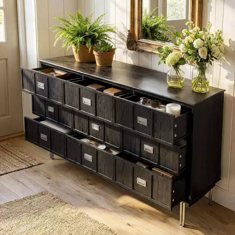 Commode moderne noire Hitow à 9 tiroirs : 160 cm de large + pieds en métal Meuble de rangement spacieux pour chambres et salons