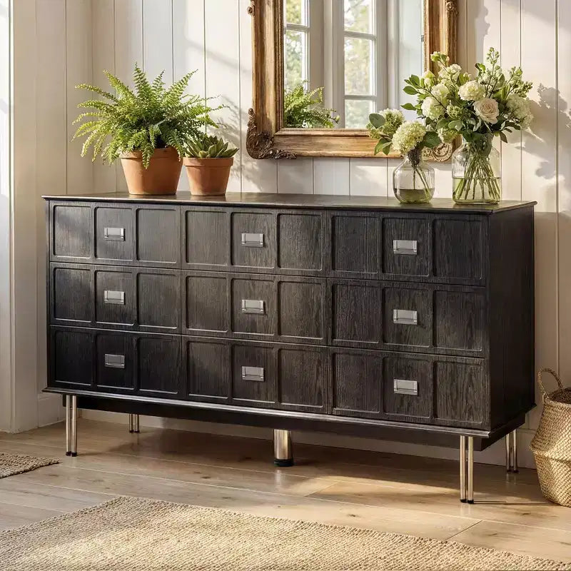 Commode moderne noire Hitow à 9 tiroirs : 160 cm de large + pieds en métal Meuble de rangement spacieux pour chambres et salons