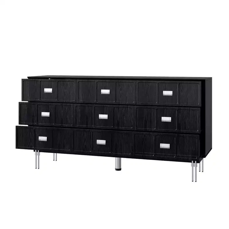 Commode moderne noire Hitow à 9 tiroirs : 160 cm de large + pieds en métal Meuble de rangement spacieux pour chambres et salons