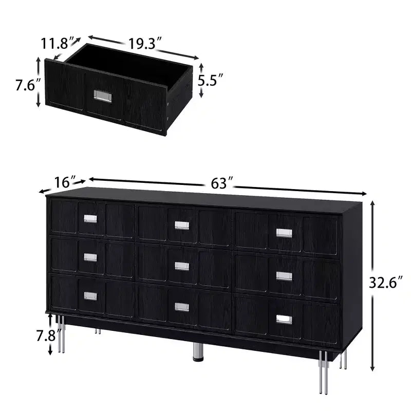 Commode moderne noire Hitow à 9 tiroirs : 160 cm de large + pieds en métal Meuble de rangement spacieux pour chambres et salons
