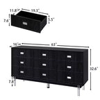 Commode moderne noire Hitow à 9 tiroirs : 160 cm de large + pieds en métal Meuble de rangement spacieux pour chambres et salons