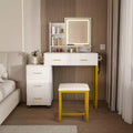 Vanity Desk with LED Lights, Power Outlet & 5 Drawers, Metal Legs, White