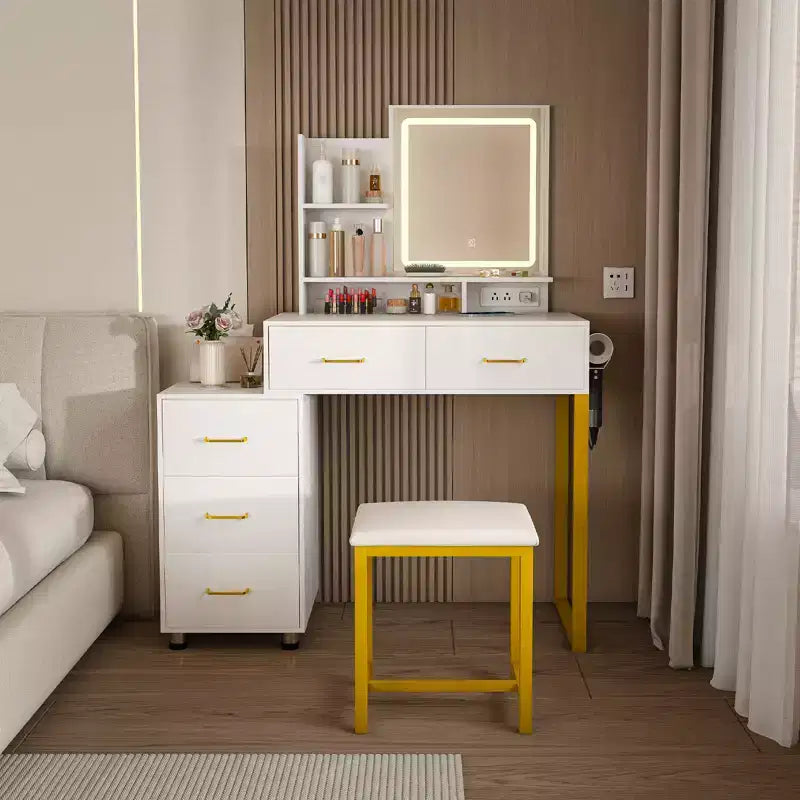 Vanity Desk with LED Lights, Power Outlet & 5 Drawers, Metal Legs, White