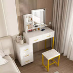 Coiffeuse avec lumières LED, prise de courant et 5 tiroirs, pieds en métal, blanc
